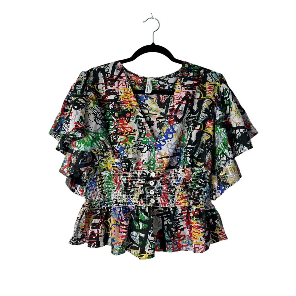 Live 4 Truth Top Size 1X Graffiti Print Smocked Waist Crop Boho Streetwear Artsy